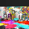 Vibrant Graffiti Wall Photo Spot With Splatter Paint Dolls And Basketball Decorations