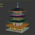 Cartoon Scene Of Multi Tiered Red Tower With Blue Roofs Golden Top And Green Base