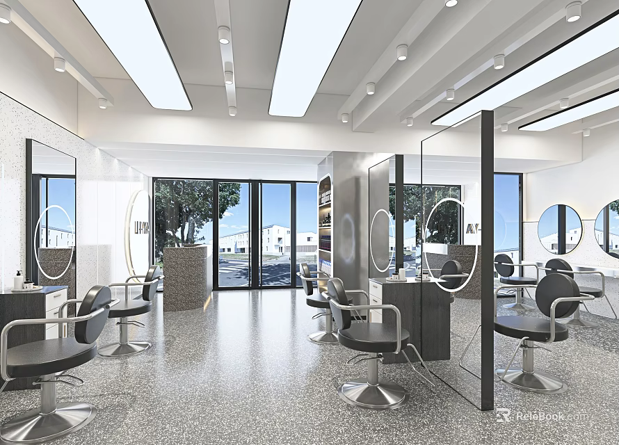 Modern Hair Salon Interior Design With Multiple Styling Chairs Mirrors And Windows 3d model 