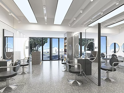 Modern Hair Salon Interior Design With Multiple Styling Chairs Mirrors And Windows 3d model