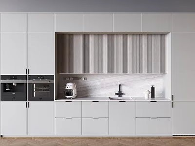 White Kitchen Cabinets With Integrated Appliances And Modern Countertop Design 3d model