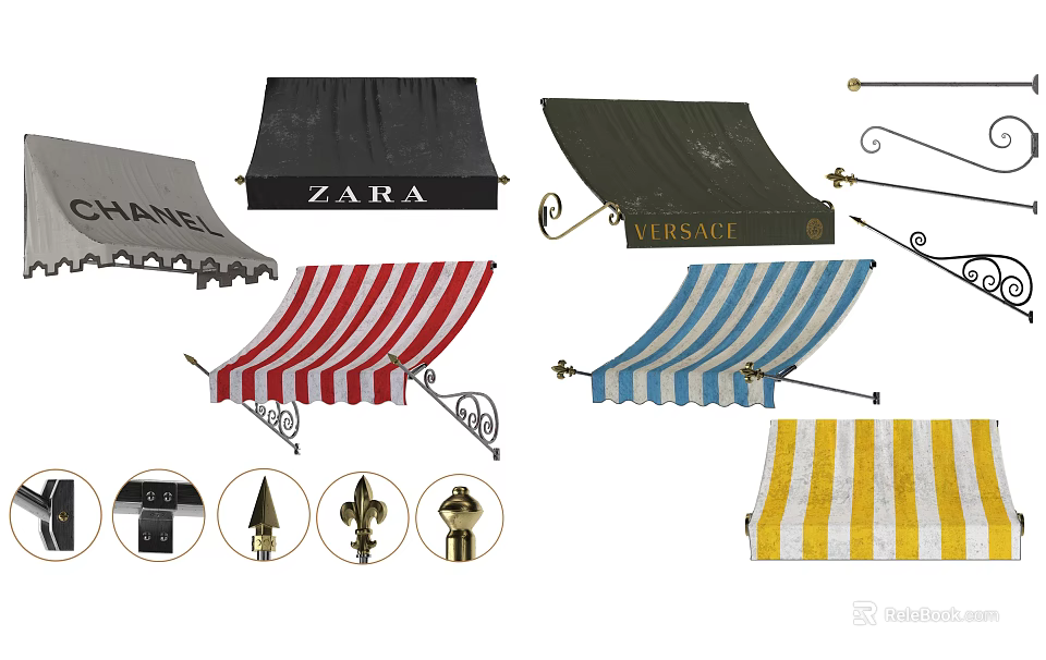 Branded Awnings with Striped Designs Metal Brackets and Accessories for Outdoor Use 3d model 