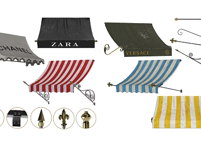 Branded Awnings with Striped Designs Metal Brackets and Accessories for Outdoor Use 3d model