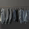 Classic Blue Denim Jackets and Jeans Hanging on Metal Rack for Casual Fashion