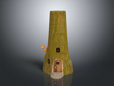 Cartoon Scene Featuring Trunk Shaped House With Green Bark Small Windows Door And Front Step 3d model