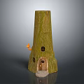 Cartoon Scene Featuring Trunk Shaped House With Green Bark Small Windows Door And Front Step