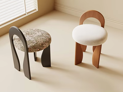 Stylish Shoe Benches Featuring Black And Wooden Legs With Patterned And White Padded Seats 3d model