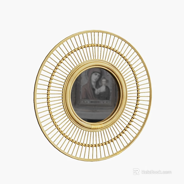 Round Gold Decorative Mirror With Radial Frame And Central Image For Home Decor 3d model 