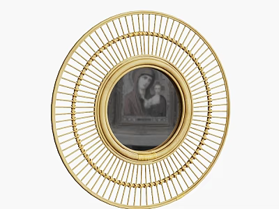 Round Gold Decorative Mirror With Radial Frame And Central Image For Home Decor 3d model