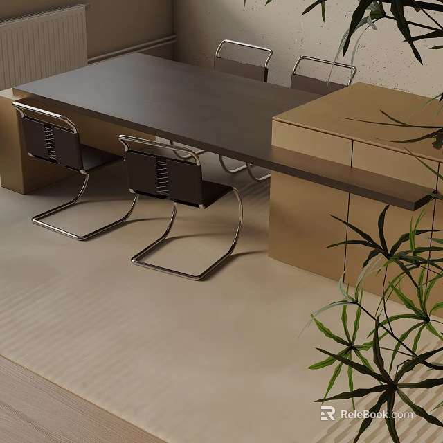 Modern Dark Wooden Dining Table Set Interior With Black Metal Leg Chairs And Light Cabinet 3d model 