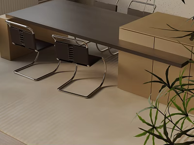 Modern Dark Wooden Dining Table Set Interior With Black Metal Leg Chairs And Light Cabinet 3d model