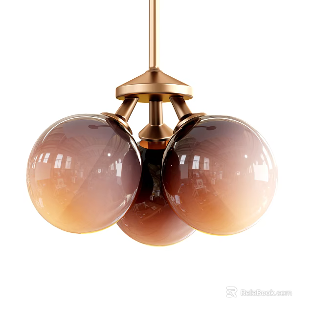 Modern Amber Gradient Glass Globe Chandelier With Three Glossy Orbs And Brass Base 3d model 