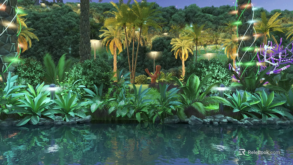 Tropical Garden Landscape With Lush Green Plants Tall Palms Background Trees And Illuminated Pond 3d model 