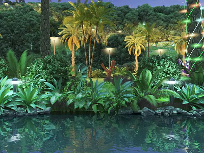 Tropical Garden Landscape With Lush Green Plants Tall Palms Background Trees And Illuminated Pond 3d model