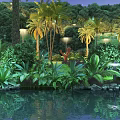 Tropical Garden Landscape With Lush Green Plants Tall Palms Background Trees And Illuminated Pond