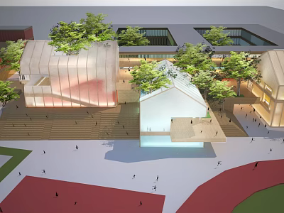 Modern Architectural Complex With Courtyard Trees Pedestrians And Unique Design 3d model