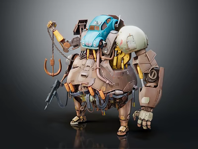 Bulky Mechanical Game Cinematic Character With Blue Head Hook And Tools 3d model