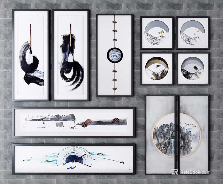 Chinese Ink Decorative Wall Art With Scroll Circular Square Frames And Landscape Motifs 3d model 