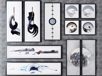 Chinese Ink Decorative Wall Art With Scroll Circular Square Frames And Landscape Motifs 3d model