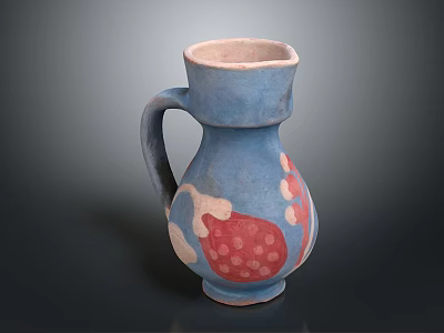 Handcrafted Blue Ceramic Jug With Handle Decorative Red Dots And White Motifs 3d model
