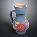 Handcrafted Blue Ceramic Jug With Handle Decorative Red Dots And White Motifs
