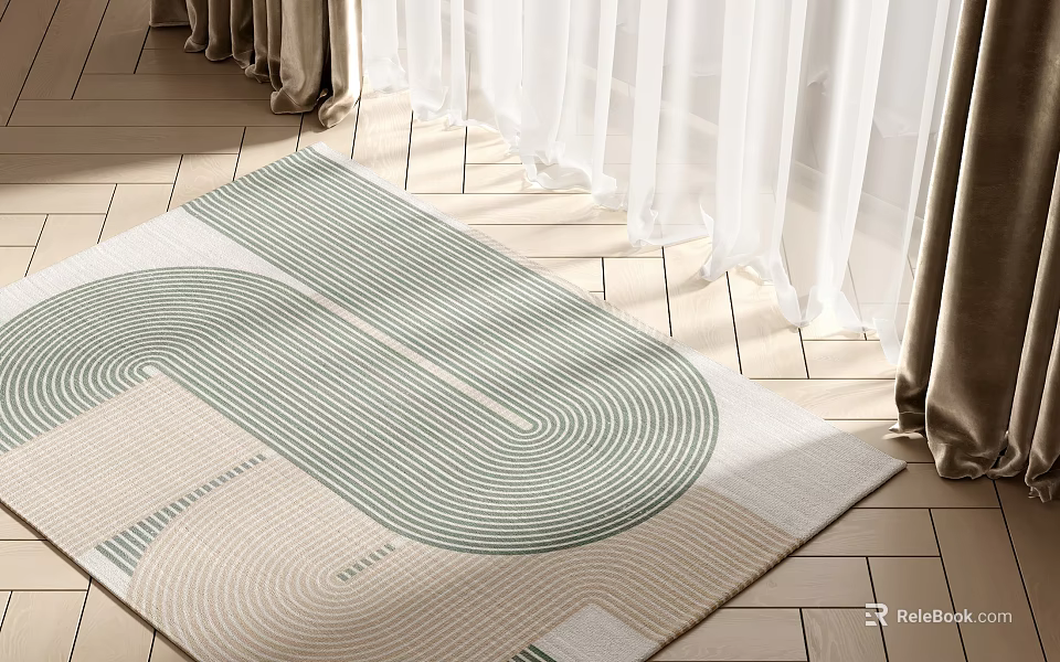 Square Rug With Green Curved Stripes And Beige Base In Sunlit Room With Wooden Floor 3d model 