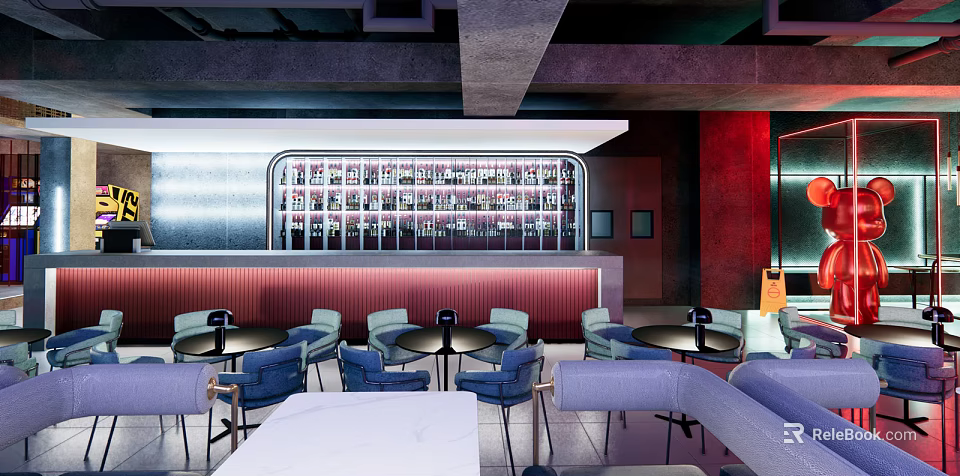 Modern Bar Interior With Shelves Of Drinks Bar Counter And Seating Area 3d model 