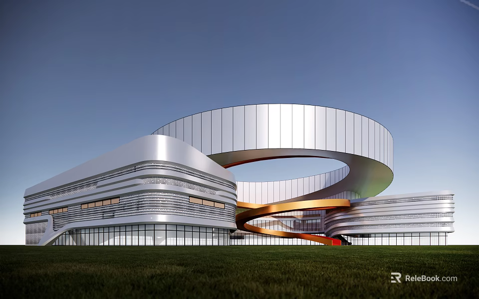 Modern Office Building Featuring Curved Metal Facade Glass Curtain Wall And Lawn Surroundings 3d model 