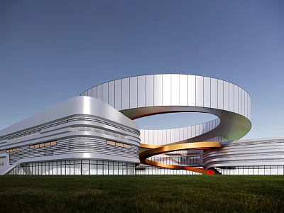 Modern Office Building Featuring Curved Metal Facade Glass Curtain Wall And Lawn Surroundings 3d model