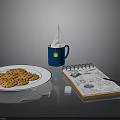 Steaming Blue Mug With Tea Bag Cookies On White Plate Notebook Pen And Spoon