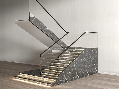 Modern Marble Staircase With Glass Railing Built in Lighting And Wooden Floor 3d model