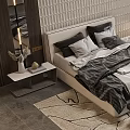 Modern Double Bed With Textured Wall Headboard Nightstand Rug Guitar Armchair And Blinds
