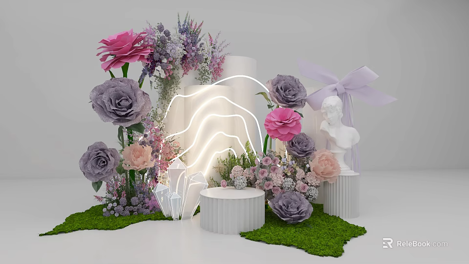 Floral Installation with Pink Purple Flowers White Columns Neon Light Statue and Green Grass Base 3d model 
