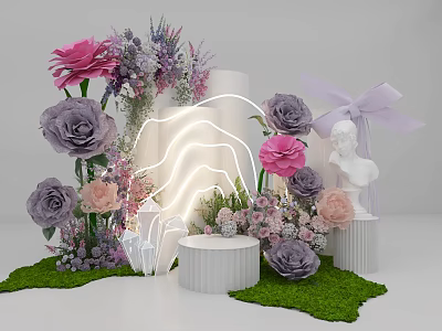 Floral Installation with Pink Purple Flowers White Columns Neon Light Statue and Green Grass Base 3d model