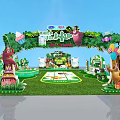 Vibrant Children's Playground With Cartoon Animals Green Grass Archway Balloons And Gift Boxes