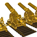 Multiple Arranged Decorative Yellow Cannon Model Ornament With Gears And Tracks