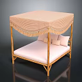 Wooden Four Poster Bed With Striped Canopy Fringe Pillows And Light Mattress