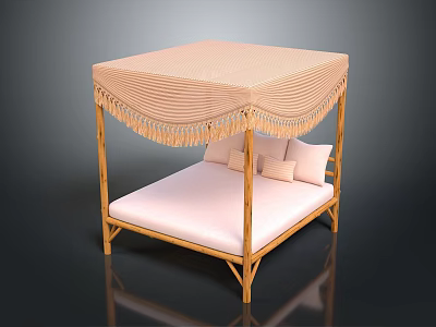 Wooden Four Poster Bed With Striped Canopy Fringe Pillows And Light Mattress 3d model