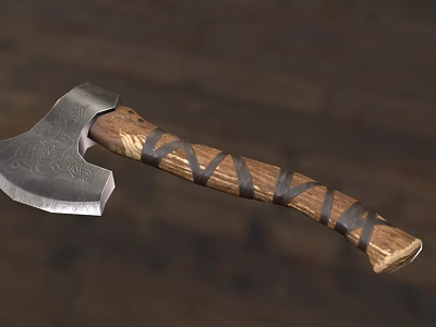 Handcrafted Axe With Engraved Metal Head And Wooden Handle Wrapped In Black Straps 3d model