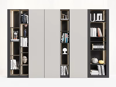 Modern Bookcase Design With Layered Shelves Integrated Lighting And Decorative Sculptures Spherical Decor 3d model