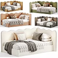 Cozy Kids Bed With Scalloped Headboard Tan Frame Soft Pillows Plush Blanket And Stuffed Toy
