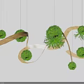 Indoor Hanging Landscape With Curved Light Colored Strips Green Spherical Plants And Fern Like Accents