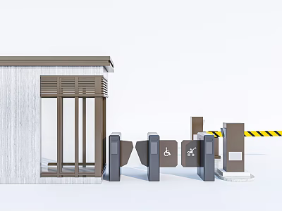 Modern Entrance Gate With Security Booth Accessible Turnstiles And Warning Stripes 3d model