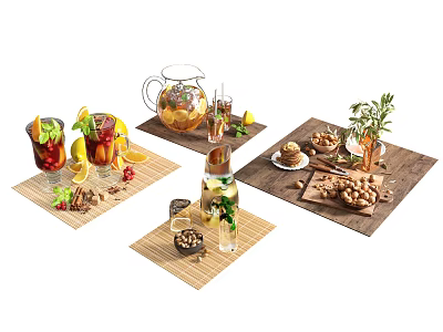 Delicious Tea Snacks And Refreshing Drinks With Glass Teapot Fresh Fruits Nuts On Bamboo Mats 3d model