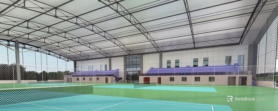 Indoor Tennis Court For Sports Fitness With Green Blue Surfaces Steel Roof And Purple Partitions 3d model 