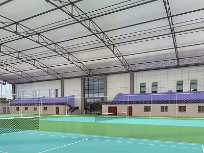 Indoor Tennis Court For Sports Fitness With Green Blue Surfaces Steel Roof And Purple Partitions 3d model