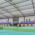 Indoor Tennis Court For Sports Fitness With Green Blue Surfaces Steel Roof And Purple Partitions