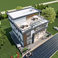 Modern Detached Villa Exterior Design With Two Story Structure Lawn Trees And Car On Driveway