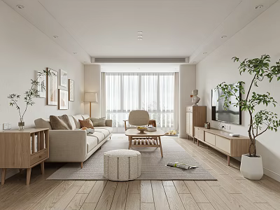 Modern Beige Living Room Interior Design With Wooden Furniture And Floor to Ceiling Windows 3d model