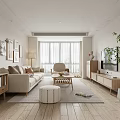 Modern Beige Living Room Interior Design With Wooden Furniture And Floor to Ceiling Windows
